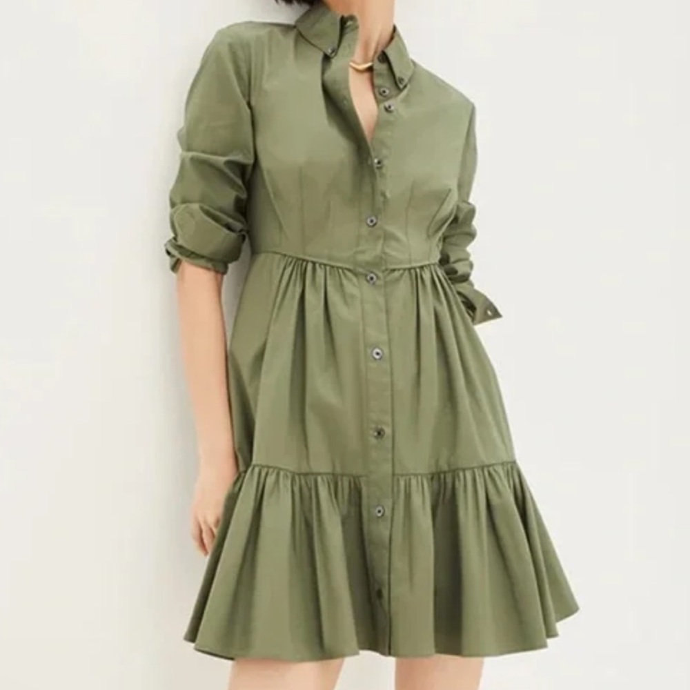 Veronica Beard Delbie Army Green Button Down Tiered Mini Dress NWT